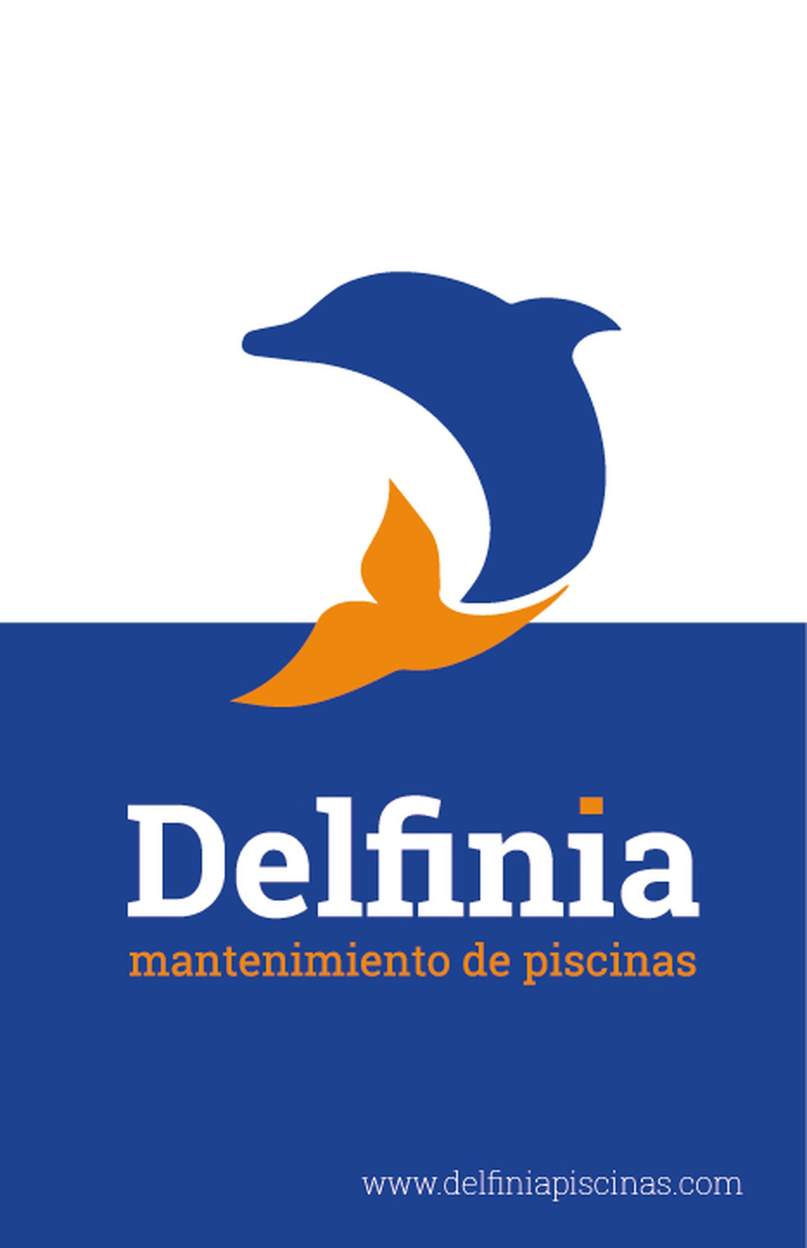 Cartel de Delfinia en azul, blanco y naranja