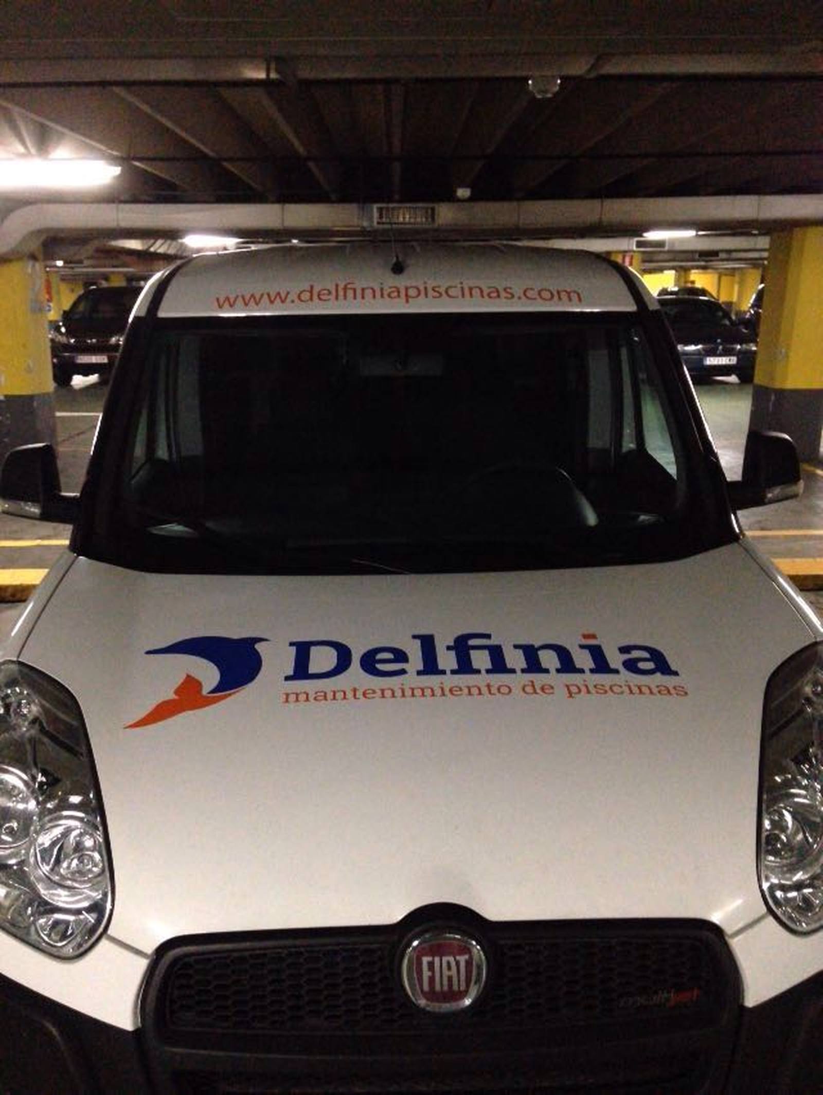 Capó de la furgoneta de Delfinia con el logotipo