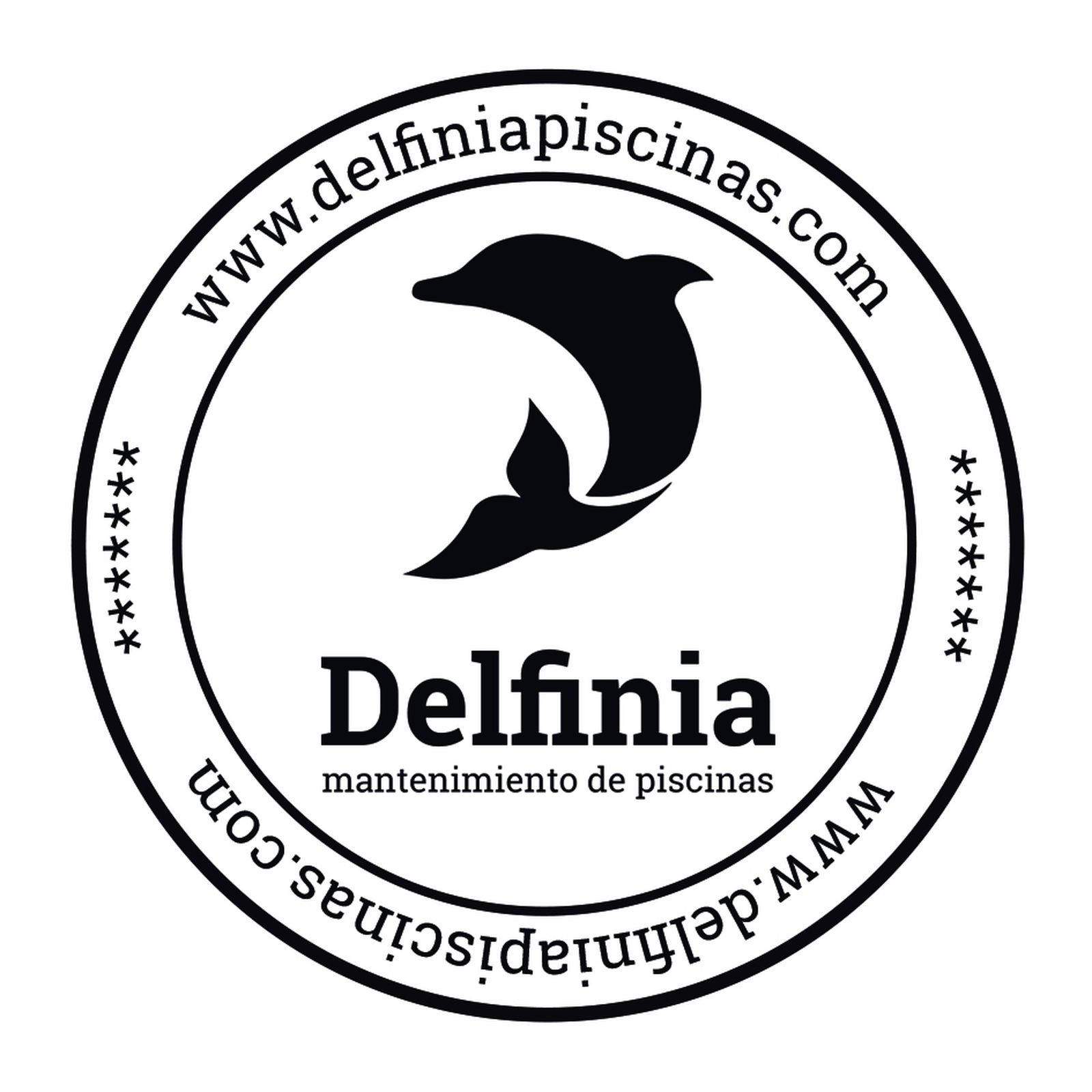 Sello de Delfinia con el delfín y la web