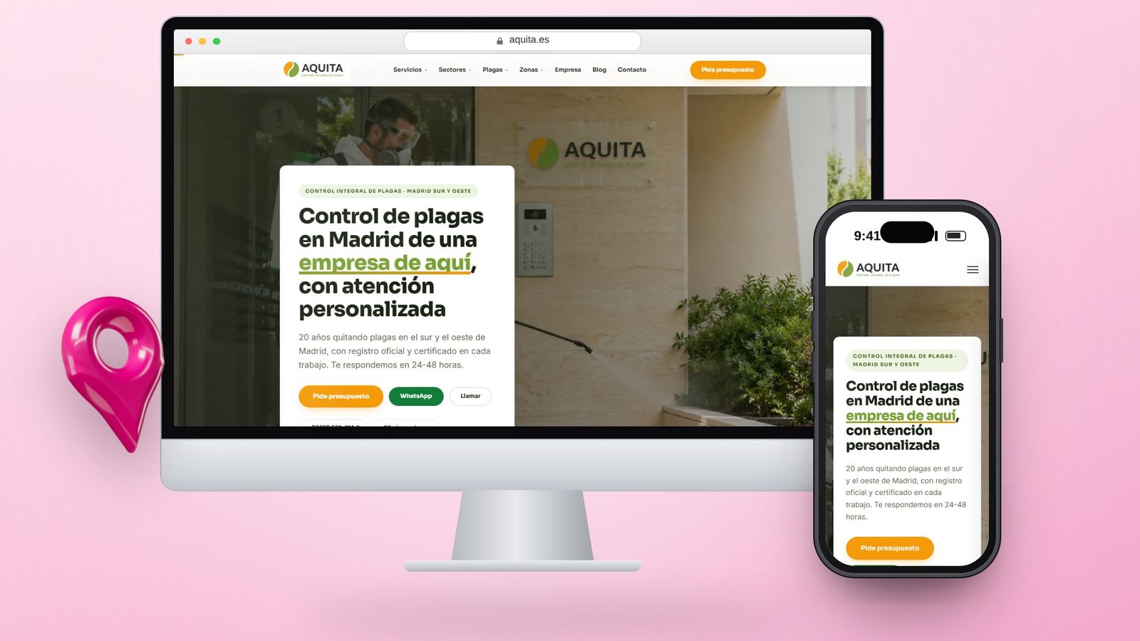 Web de Aquita, control de plagas en Arroyomolinos, en un ordenador de sobremesa y en el móvil