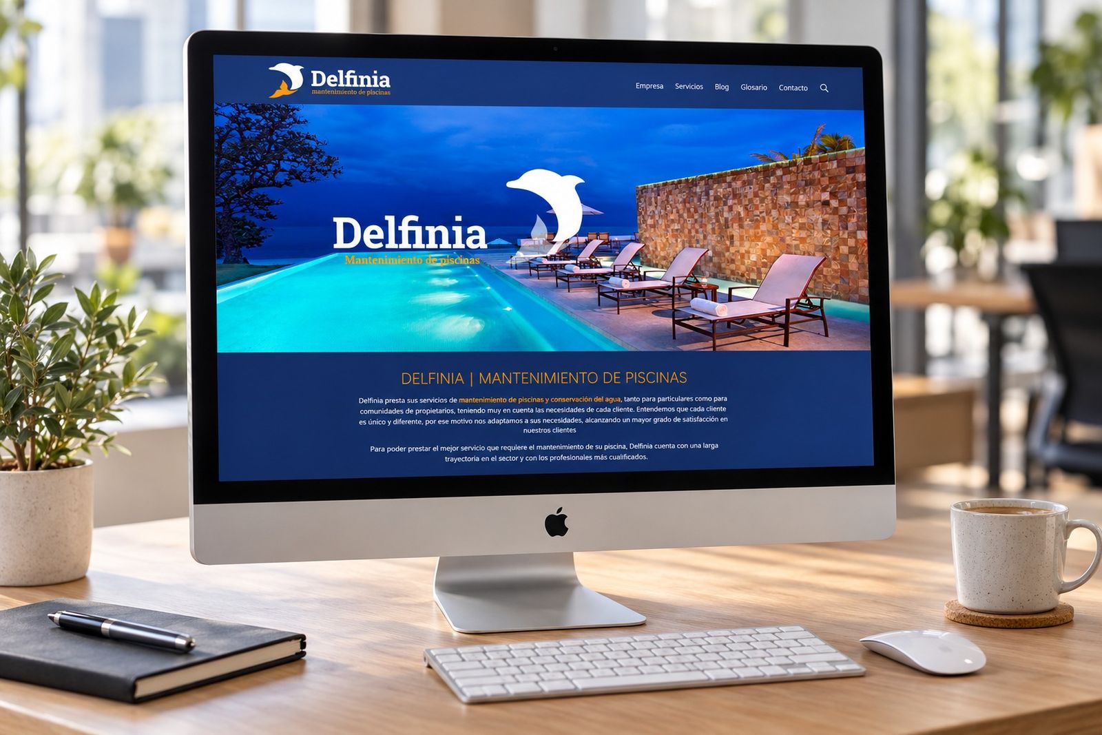 Web de Delfinia Piscinas en un ordenador de sobremesa