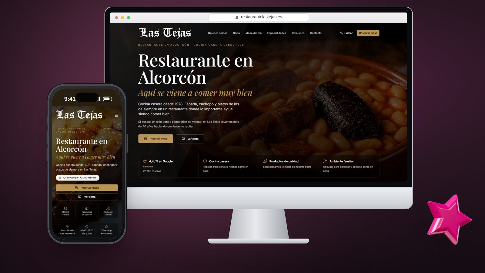 Web del Restaurante Las Tejas de Alcorcón en un ordenador de sobremesa y en el móvil