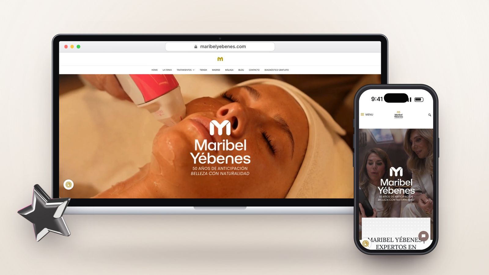 Web de Maribel Yébenes, instituto de belleza y medicina estética, en un portátil y en el móvil