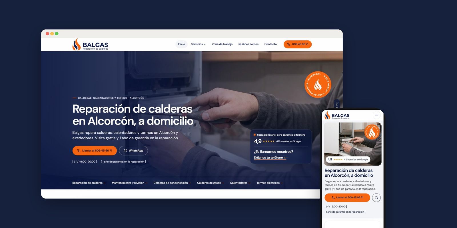 Web de Balgas, reparación de calderas en Alcorcón, en un portátil y en el móvil