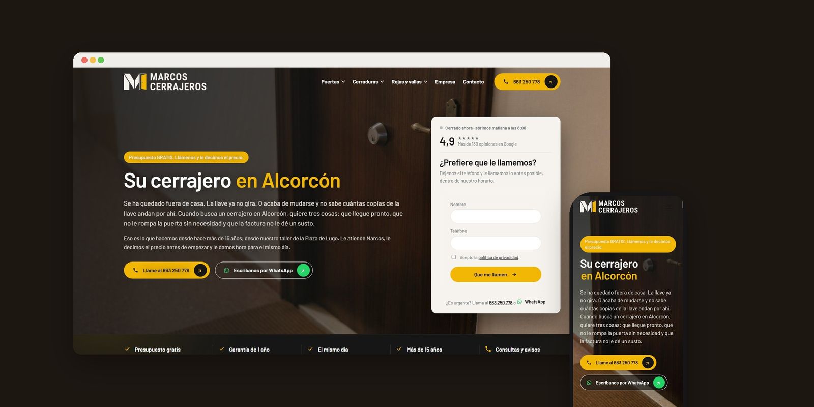 Web de Marcos Cerrajeros, cerrajero en Alcorcón, en un portátil y en el móvil
