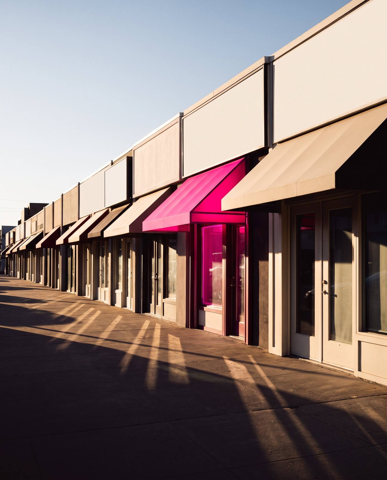 Hilera de comercios con un toldo fucsia a la luz del atardecer