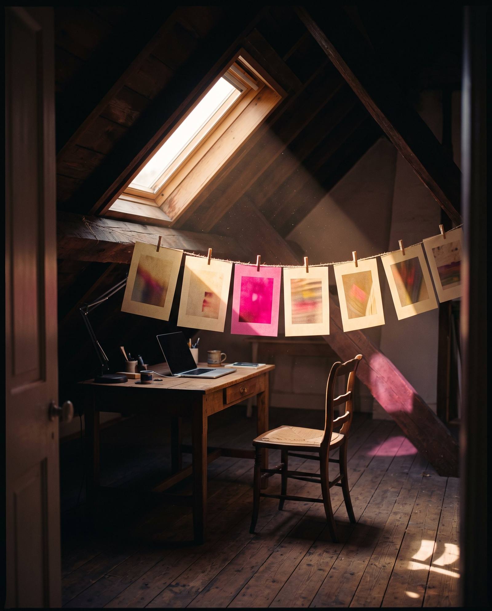 Estudio en un ático con claraboya, pruebas de color colgadas y una mesa de trabajo