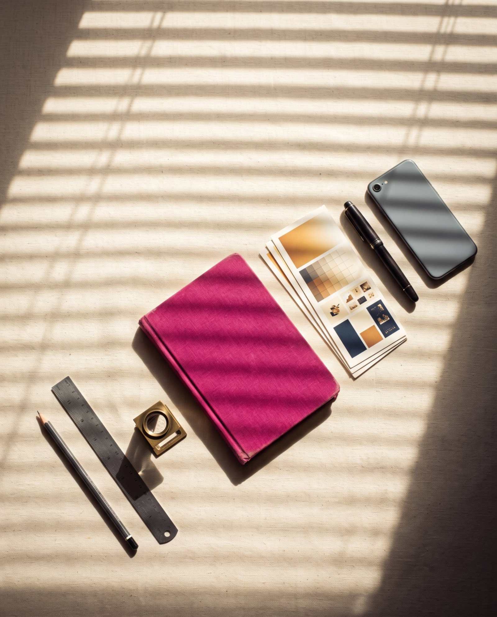 Cuaderno fucsia, muestras de color, cuentahílos y pluma sobre una mesa con luz de persiana