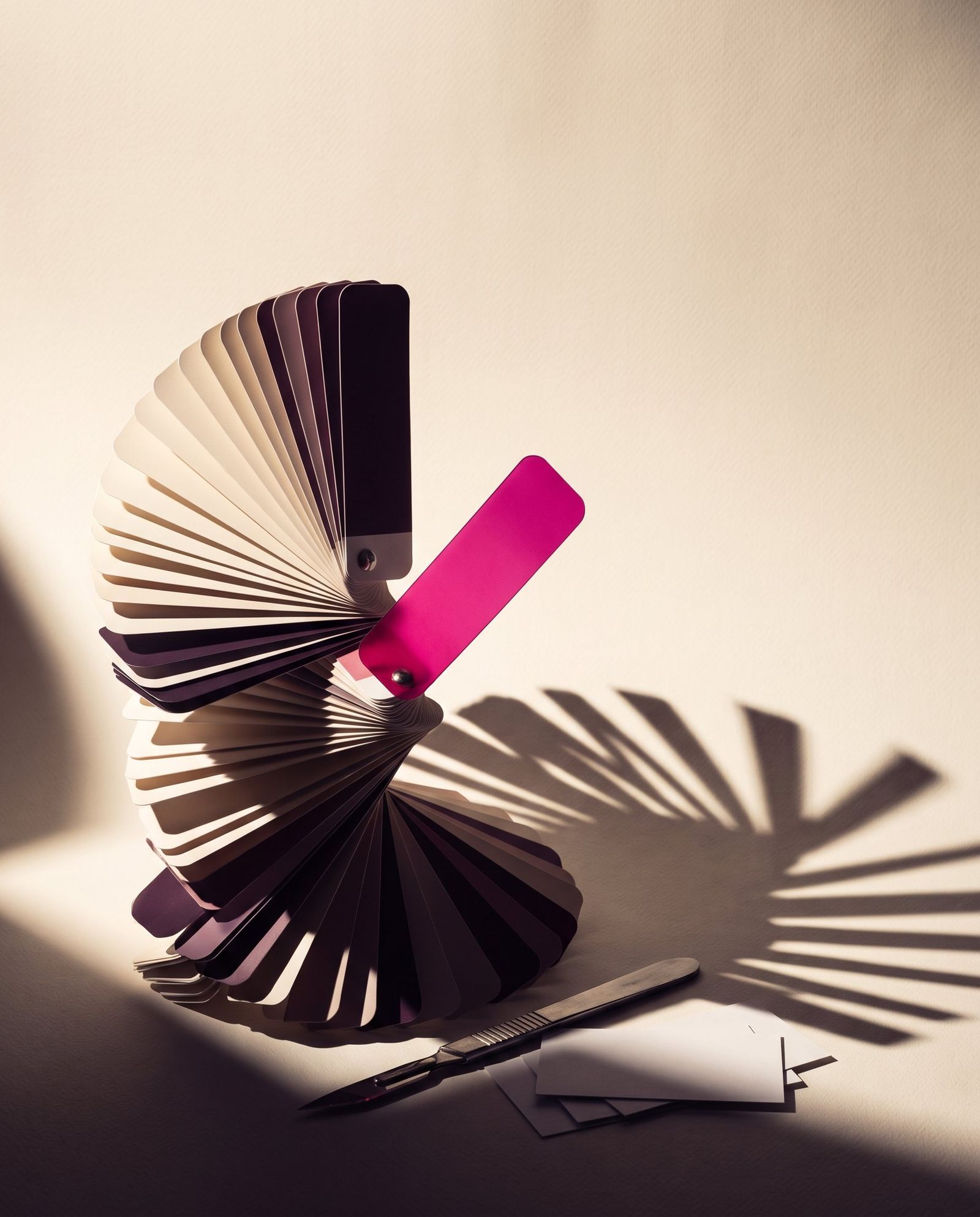 Abanico de muestras de color con una ficha fucsia y su sombra en la pared