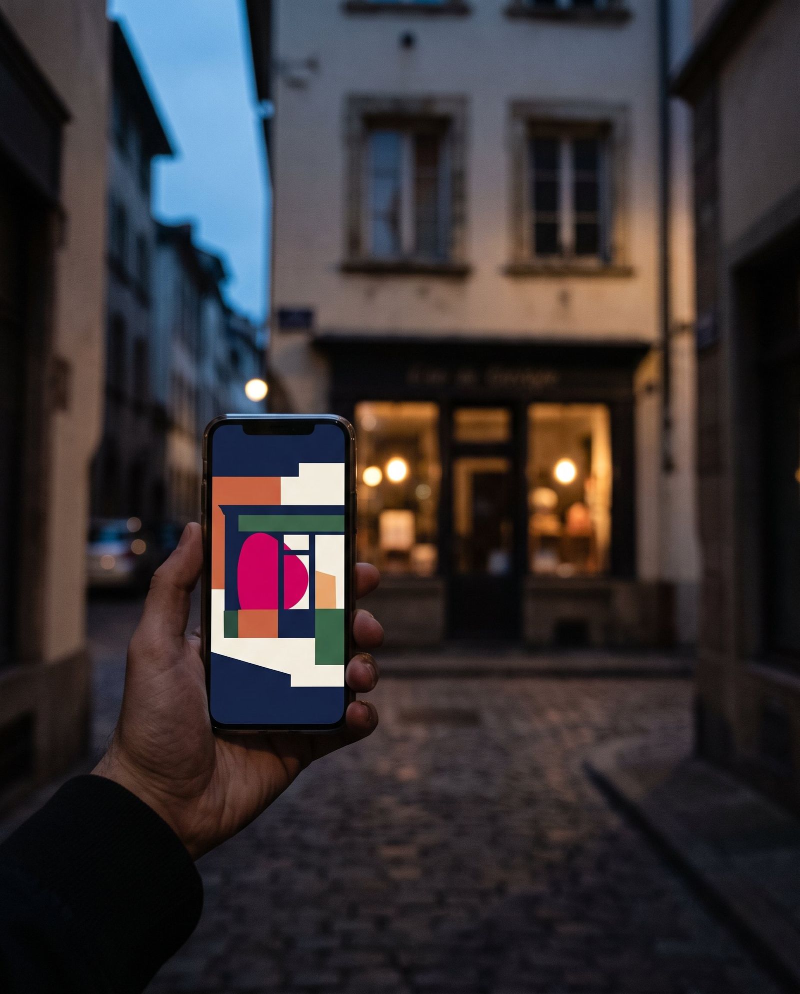 Mano que sostiene un móvil con una web abierta en una calle empedrada, con una tienda iluminada al fondo