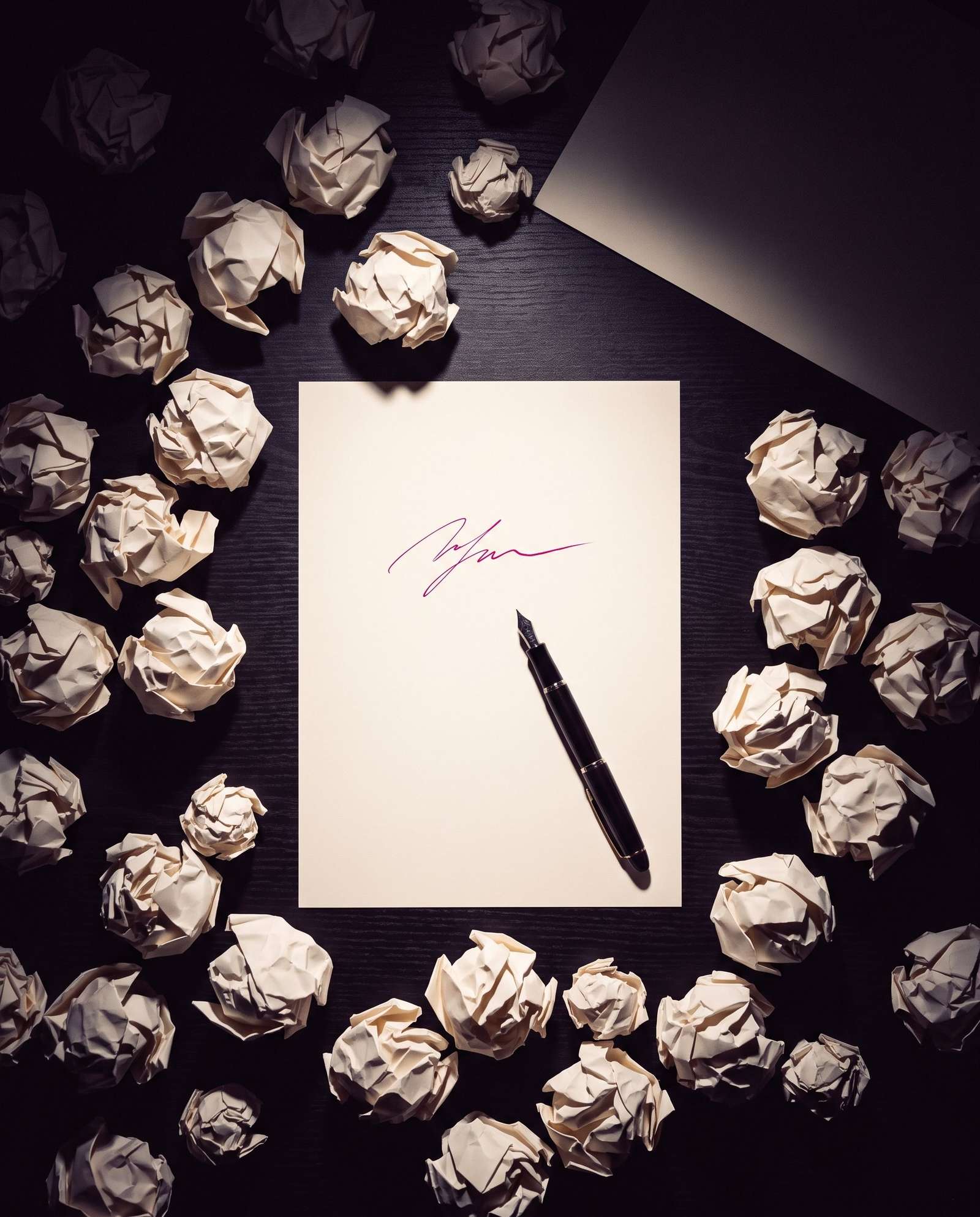 Folio con una firma en tinta fucsia y una pluma, rodeado de bolas de papel arrugado