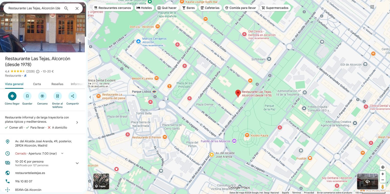 Ficha de Google de Las Tejas en Google Maps