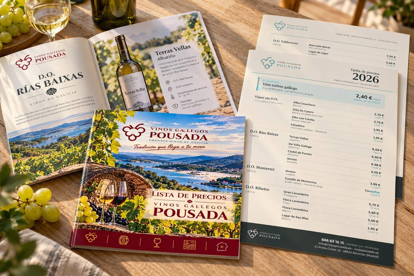 Catálogo y tarifa de precios 2026 de Pousada Vinos Gallegos sobre una mesa de madera, con una copa de vino blanco