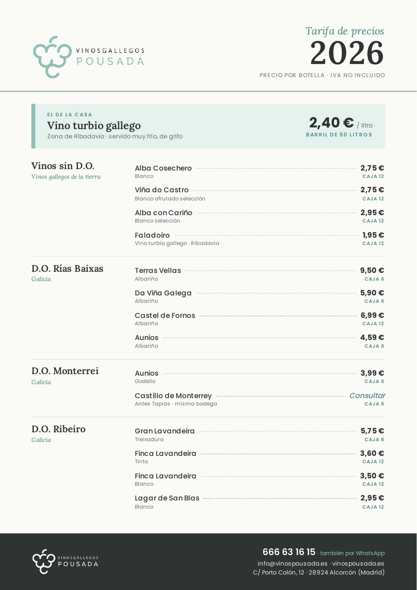 Tarifa de precios 2026 de Pousada Vinos Gallegos