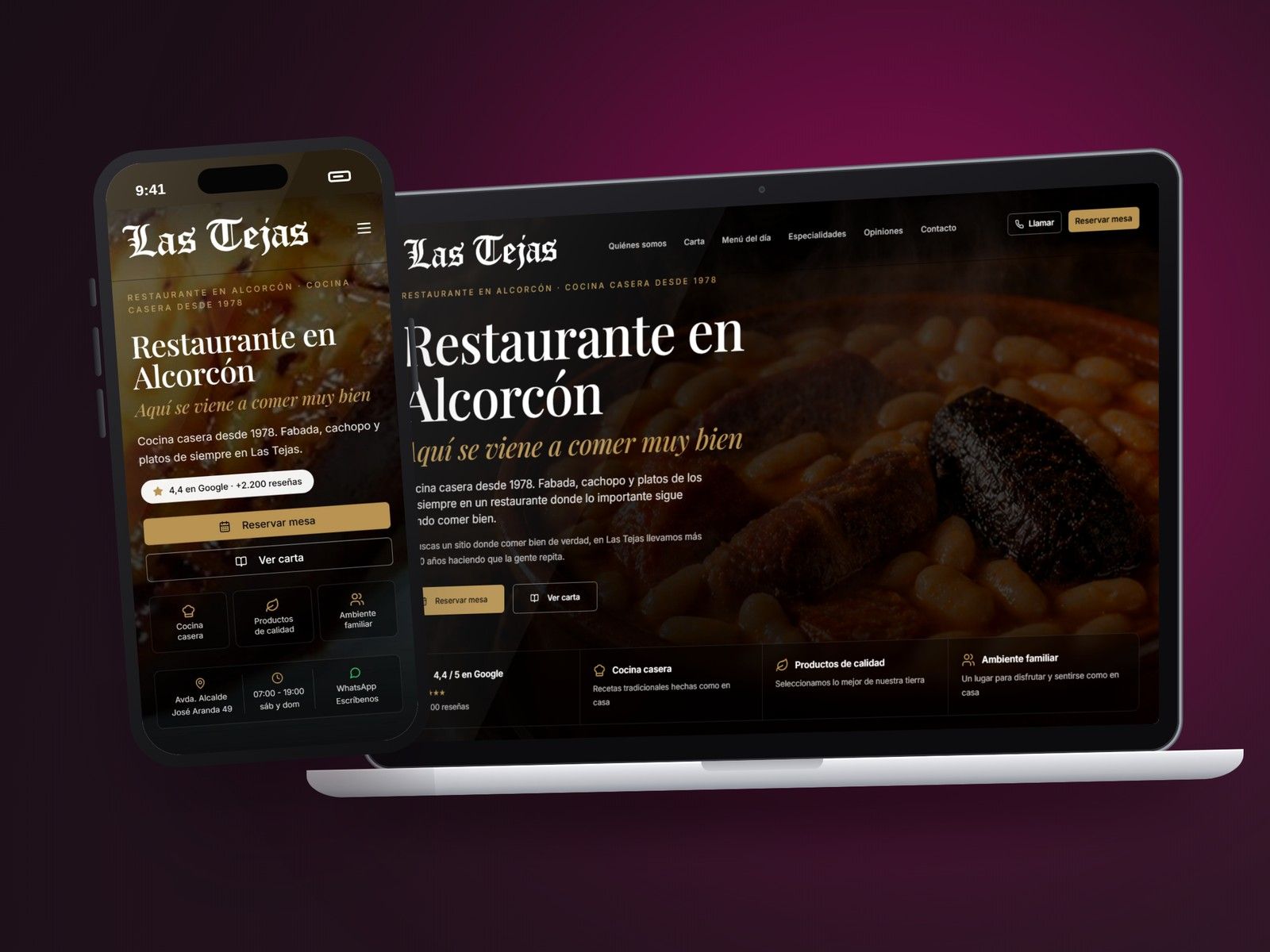 Web del Restaurante Las Tejas en el portátil y en el móvil