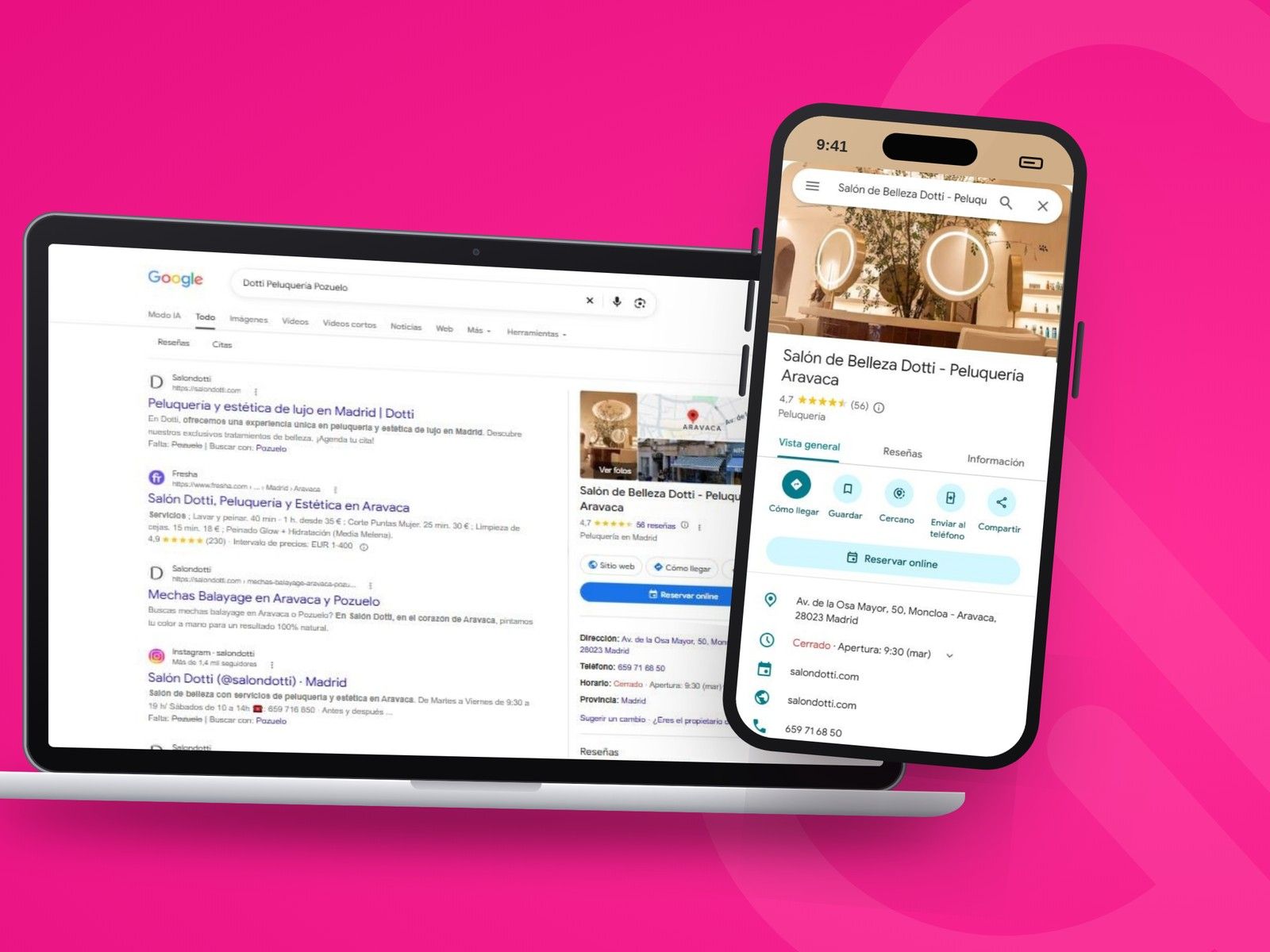 Ficha de Google de Dotti Peluquería en el móvil y su búsqueda en Google