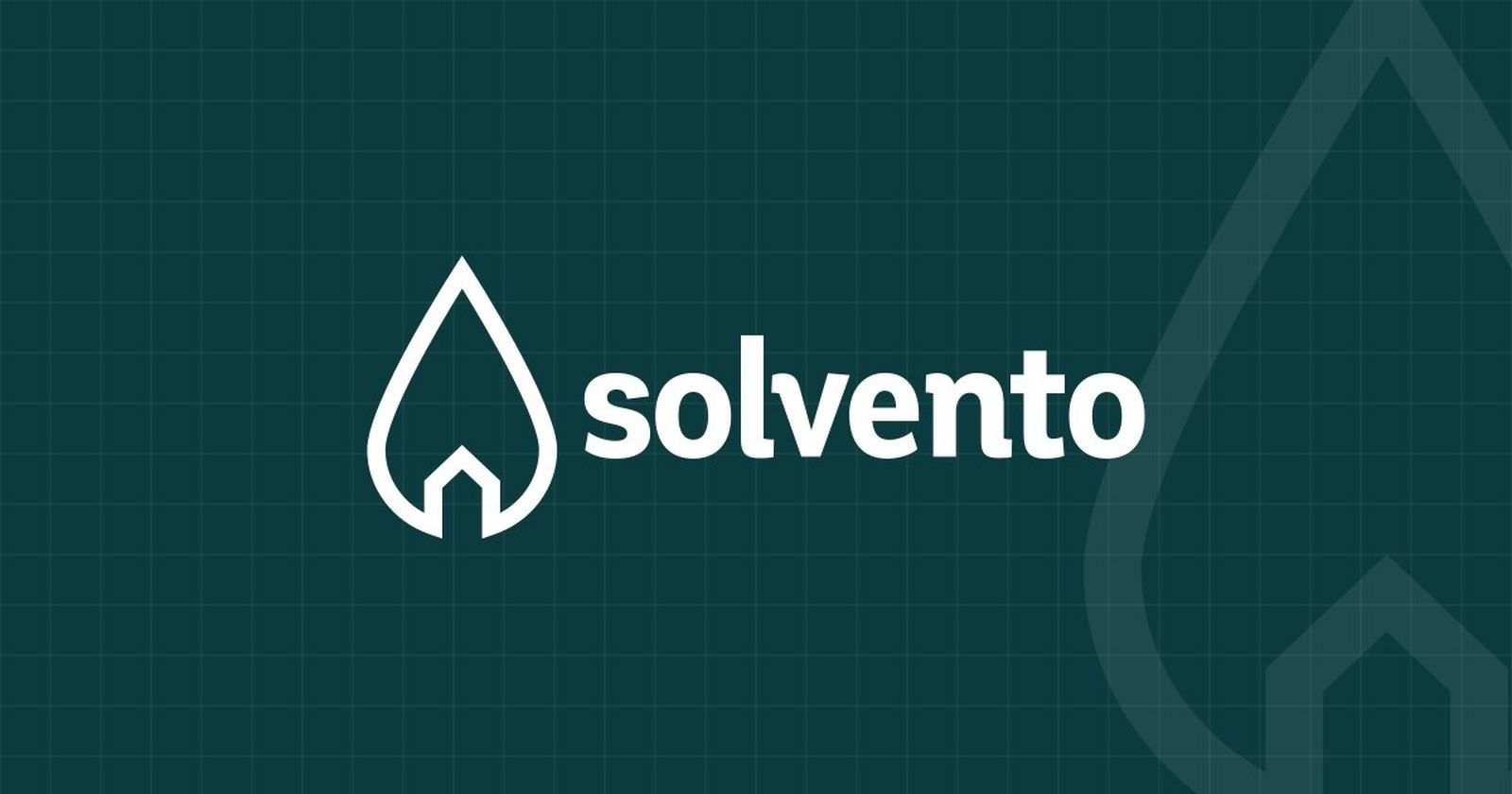 Logotipo de Solvento en blanco sobre fondo verde oscuro con cuadrícula