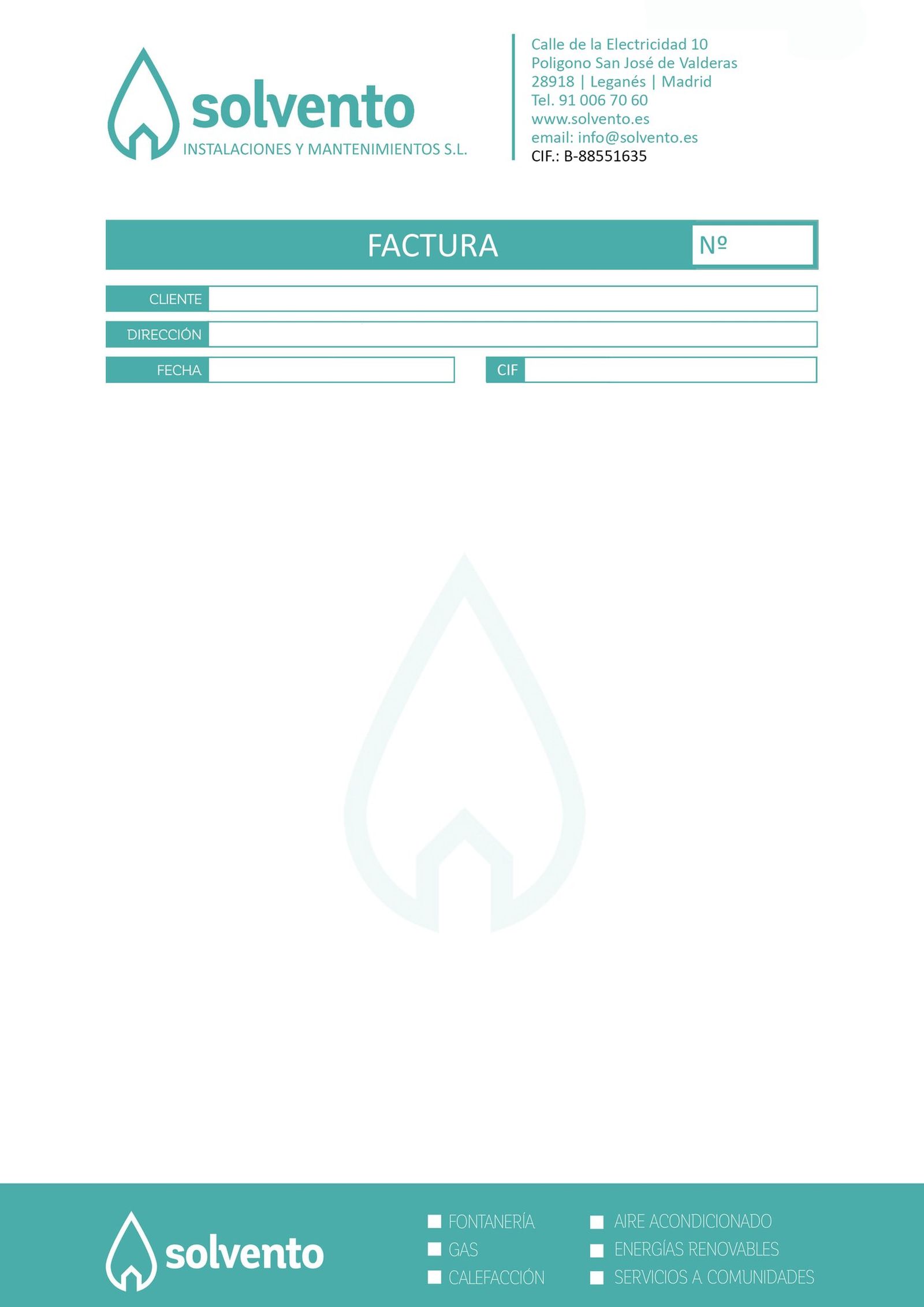 Hoja de factura de Solvento